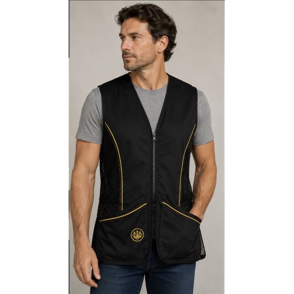 Beretta Men's Hunting Field Vest Waistcoat Size XL Black Yellow Pockets Zip EUC